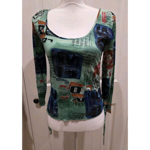 Chaudry B Size S NWT Sample Y2K Block Letter Vintage Sequin Beads Boho 3/4 Ties